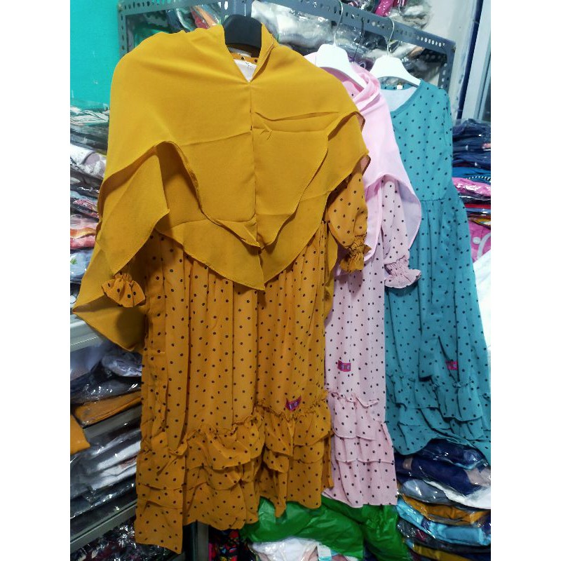 gamis anak polkadot bahan ceruty untuk usia 1-3thn .7/8thn .10/12thn