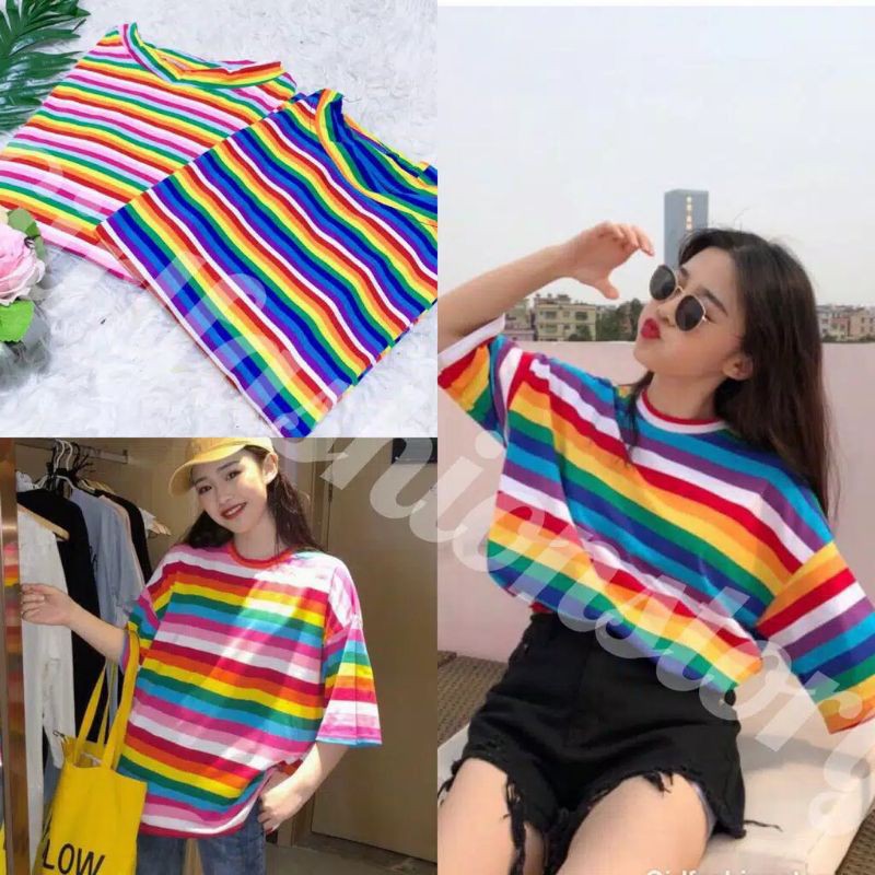 GFS TM KAOS T-SHIRT O-NECK MOTIF GARIS PELANGI SWEET RAINBOW