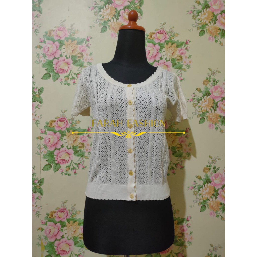 OUTER ATASAN BLOUSE RAJUT JARING CROP IMPORT BRANDED INGNI BROKEN WHITE PUTIH TULANG