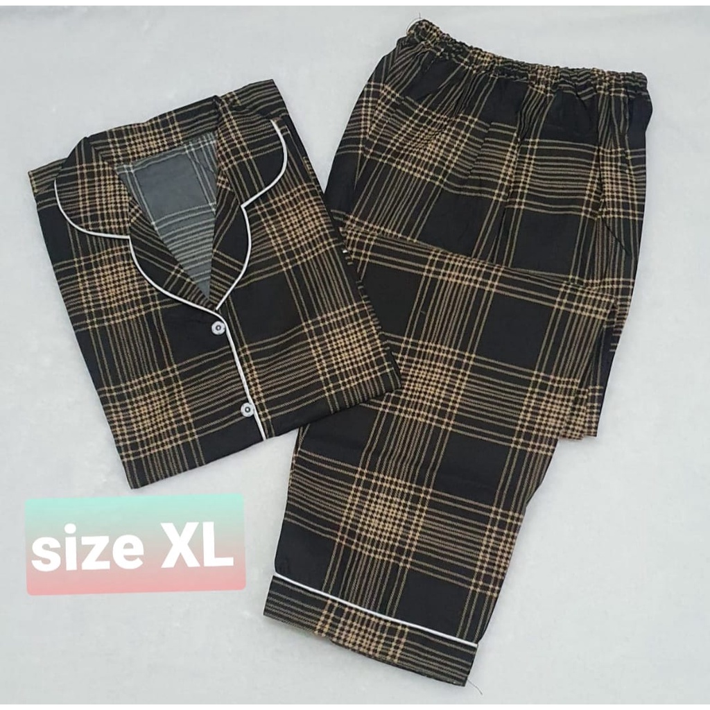 Baju Tidur Cewek Lengan Panjang Dan Lengan Pendek Motif Kotak Piyama Wanita Kekinian Pajamas Dewasa-CP XL KOTAK HITAM