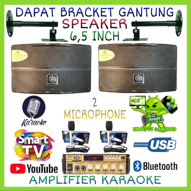 Karaoke Set Smart Tv Di Youtube Speaker 3R 6,5 Inch Ampli 2 Mic Kabel