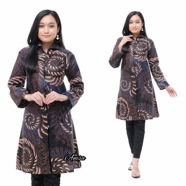 Maura Couple - Sania Ruffle Batik Couple Ori Ndoro Jowi DNT Garansi Termurah Shopee --Tunik puser navy