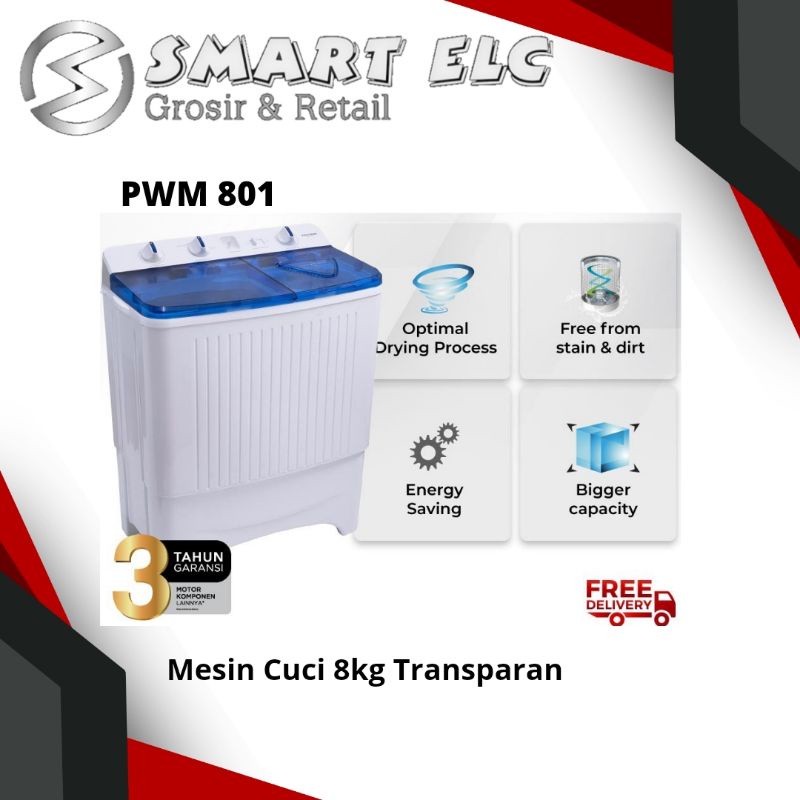 Polytron Mesin Cuci 2 Tabung 8KG Transparan PWM 801