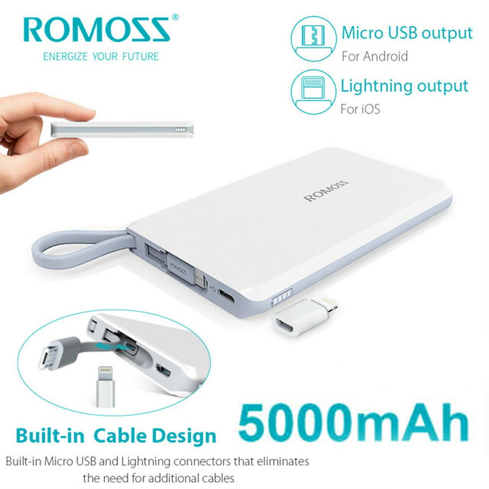 POWER BANK ROMOSS QS05 POWERBANK 5000 MAH POWERBANK KABEL MICRO ADAPTER LIGHTNING