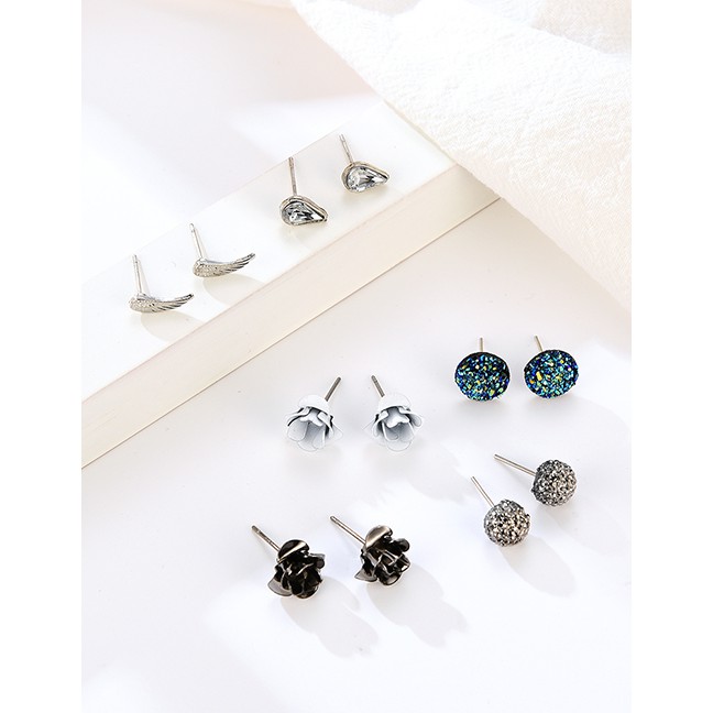 LRC Anting Set Fashion Silver Sun And Moon Star Alloy Stud Earrings 30 Pairs F83540