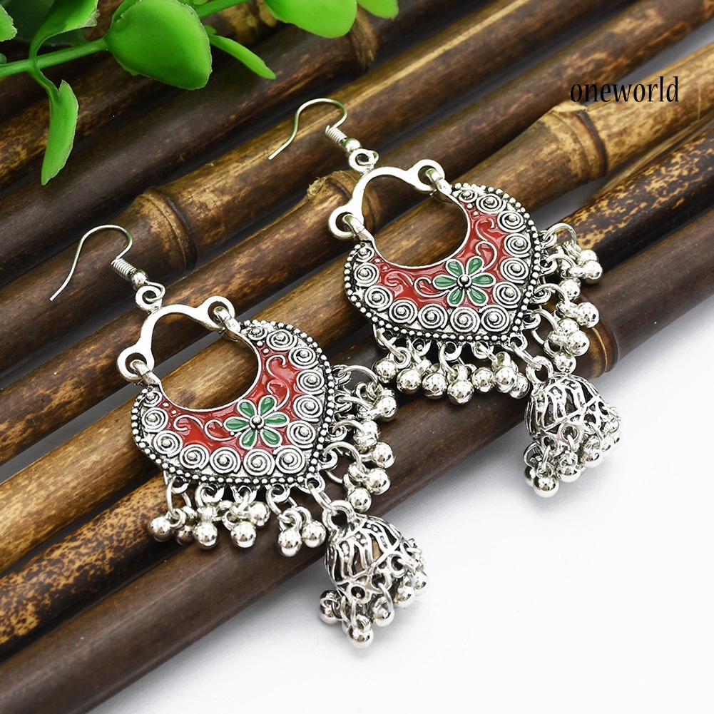 OW@ Retro Bohemian Women Flower Round Balls Tassel Dangle Hook Earrings Jewelry