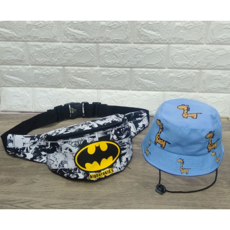 (BISA COD) Waistbag Batman 2in1 Tas SLempang anak laki-laki/topi bucket taly 2-9tahun