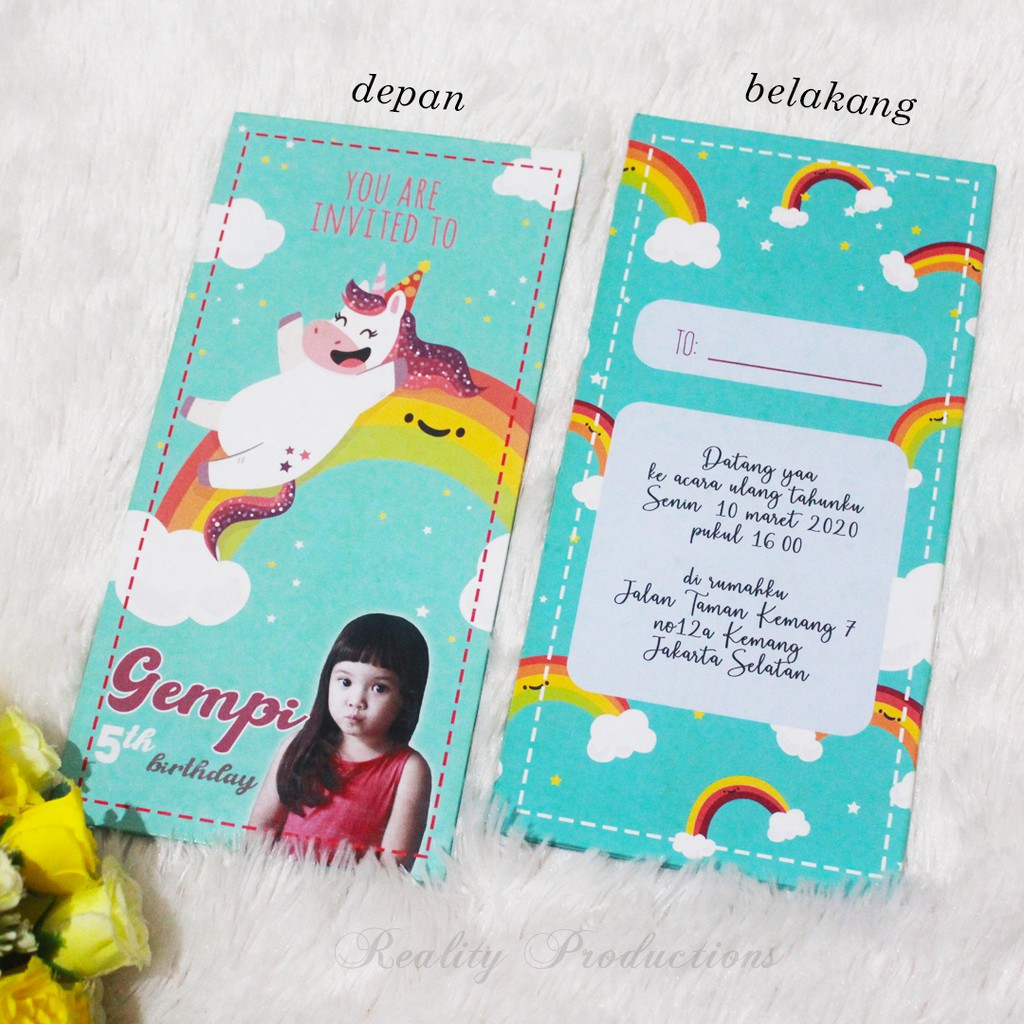 Kartu Undangan Ulang Tahun Hard Cover Desain Unicorn Custom Foto MINIMAL ORDER 10 Pcs