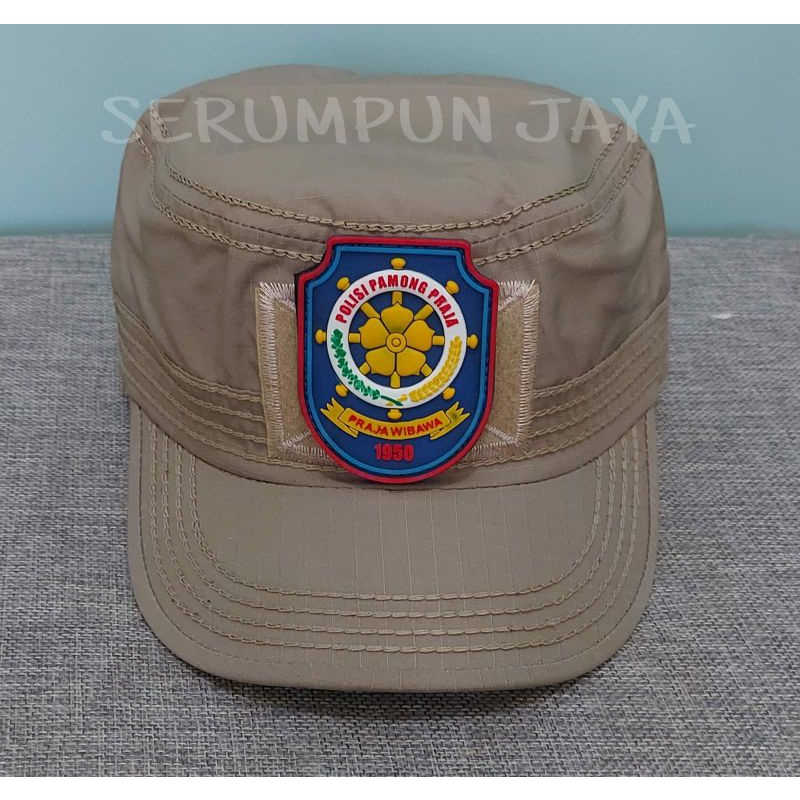 TOPI KOMANDO KREM SATPOL PP LOGO BIRU - TOPI SATPOL PP KOMANDO VELCRO KREM 2 PATCH