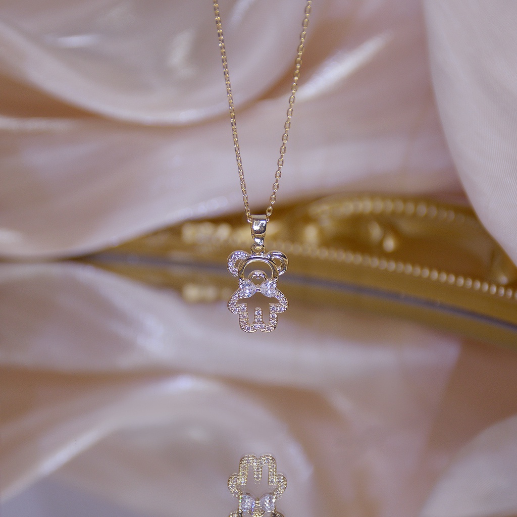 Kalung Wanita Liontin Beruang Berlian Penuh Mewah Rantai Tulang Selangka Emas Fashion Korea Hadiah Perhiasan Pesta