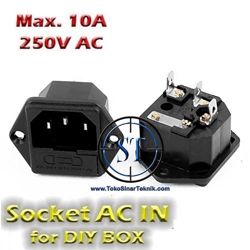 Socket AC IN Power Brass Soket Inlet With Fuse Holder 10A 250V BA-88C + Tutup Fuse