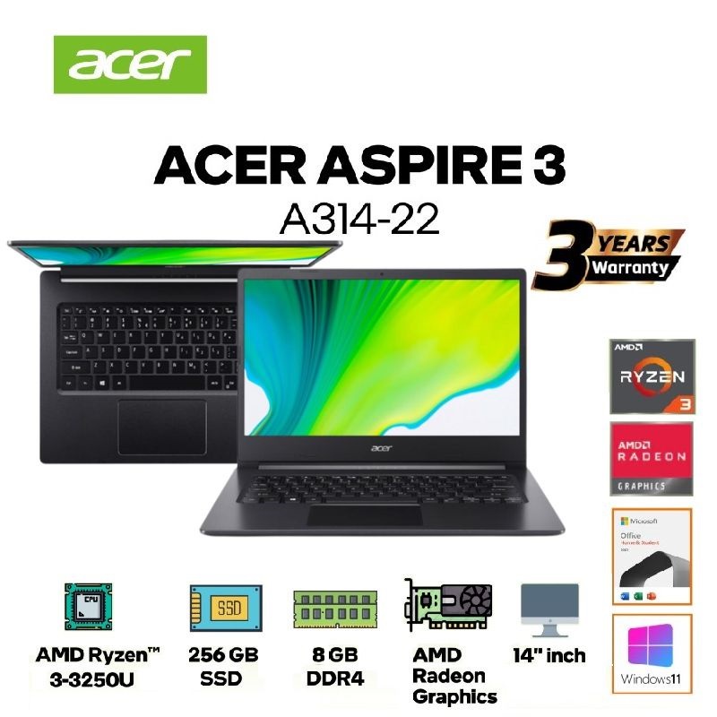 ACER Aspire 3 Slim A314-22-R3RG [14"HD/Ryzen 3-3250U/8GB/SSD 256GB/Windows 11+OHS/BLACK]