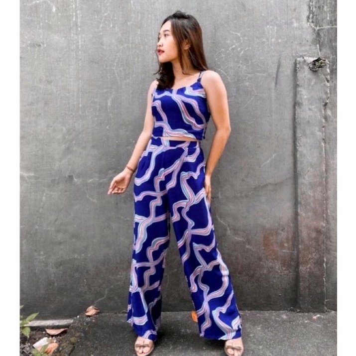 ONE SET KULOT PATTERN // SETELAN TANKTOP FLOWERY-Navy2 vanesa