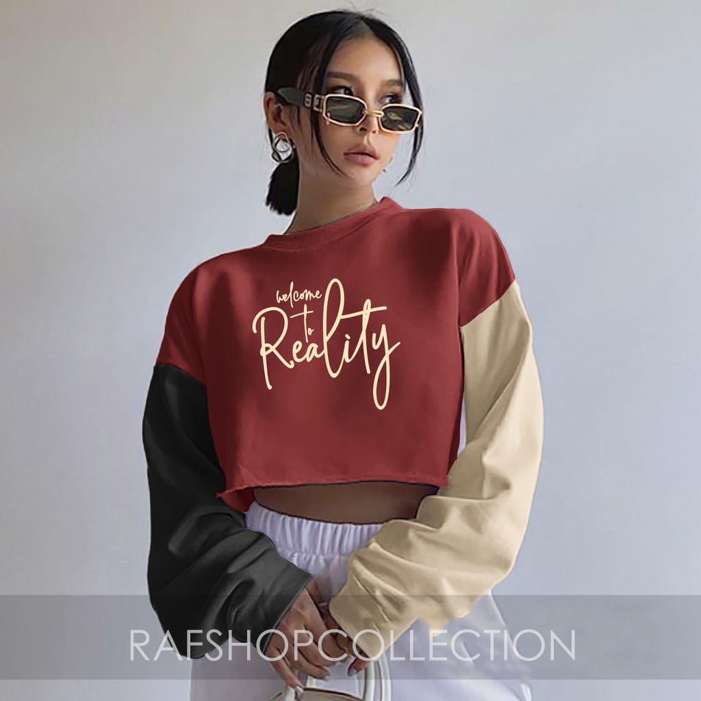 Crop Sweater Colourfull Welcome to reality/ BAJU WANITA-sweatercrop