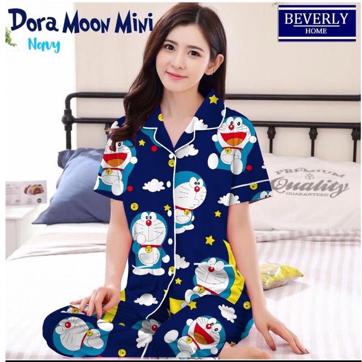 BJ - Piyama CP Wanita Murah - Bahan Katun - Baju Tidur Lengan Pendek Motif Karakter-Emon Moon Mini Navy