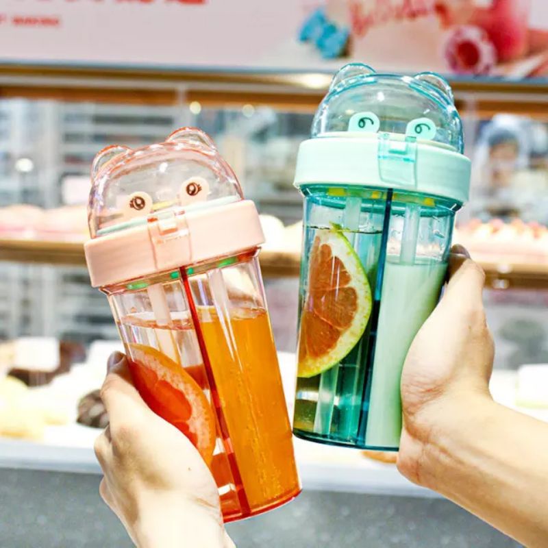 Botol Minum Duet Sedotan Dua Sisi Duet Couple Bottle Travel - Botol Minum Tali Sedotan Anak Dua Sisi Free Sticker