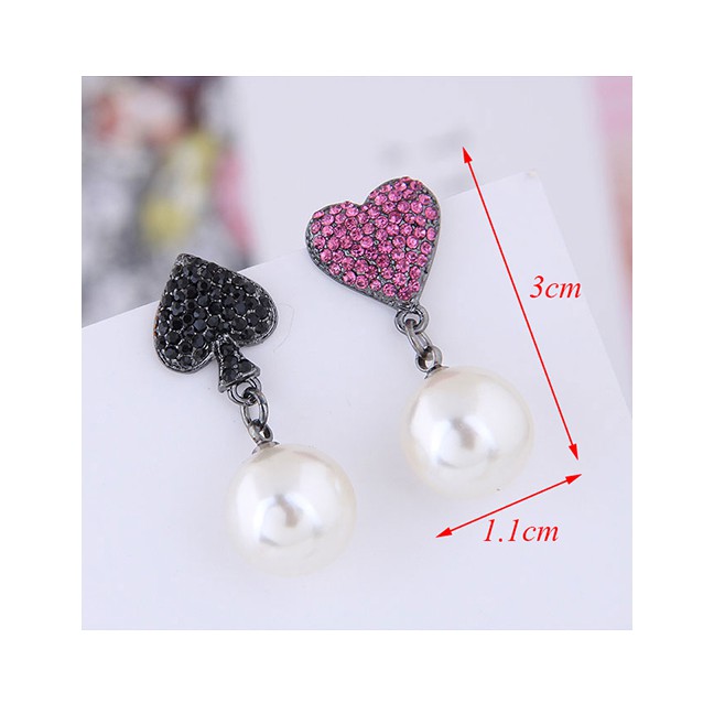 LRC Anting Tusuk Fashion Black + Rose Red 925 Silver Needle Heart Pearl Asymmetric Stud Earrings