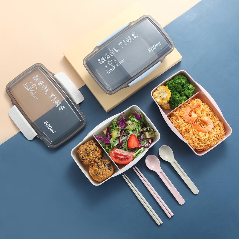 kotak makan Free Cutlery Kotak Bekal 2 Sekat 800ml Gratis Sendok Sumpit Wheat Straw Lunch Box Warna 