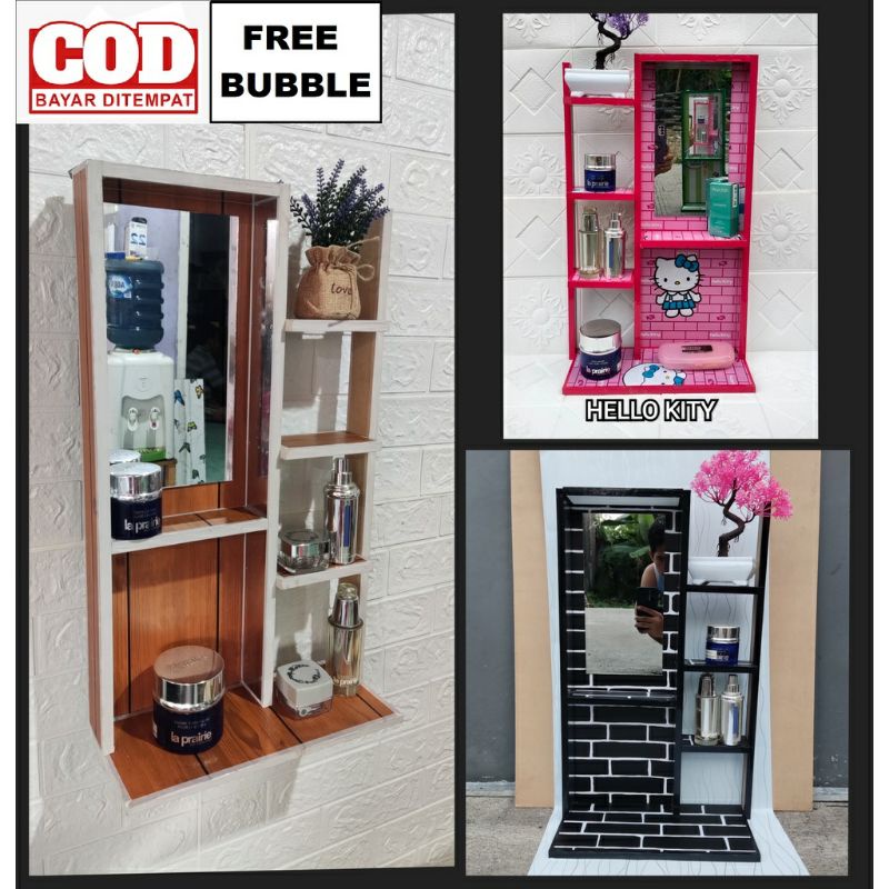 Tolet Tempat mek make up Rak kosmetik cermin kaca rias dinding aesthetic kayu gantung modern simpel 