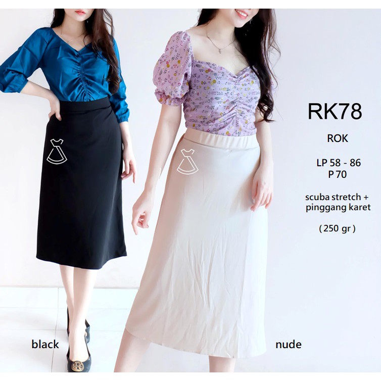 RK78 - ROK MIDI SKIRT SCUBA POLOS CASUAL ROK KANTOR WANITA