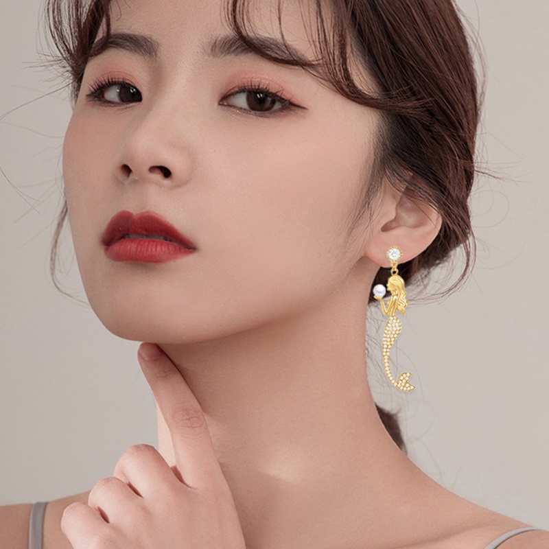 Anting Panjang Desain Mermaid Aksen Zirkon Untuk Wanita