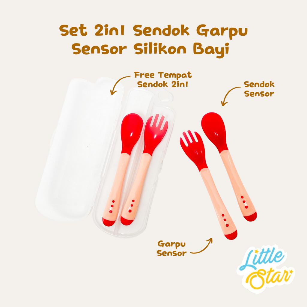 LS 2in1 Set Sendok Makan Mpasi Bayi Silikon Sensor Panas Bundling Free Box BPA Free Food Grade Baby Spoon Fork