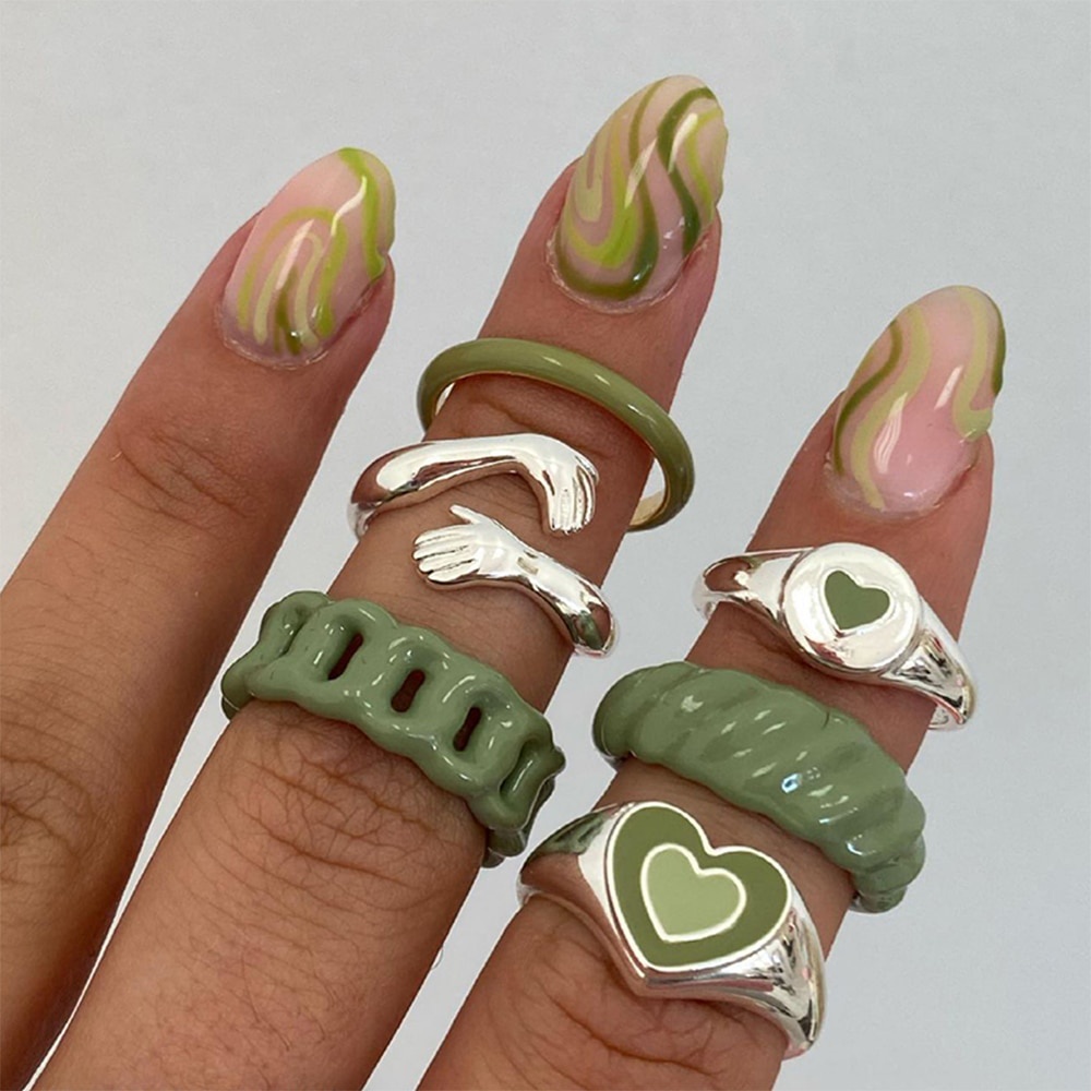 Y2K 6Pcs Set Rings Vintage Metal Resin Love Heart Ring Set for Women Fashion Green Resin  Fashion Jewelry Gift