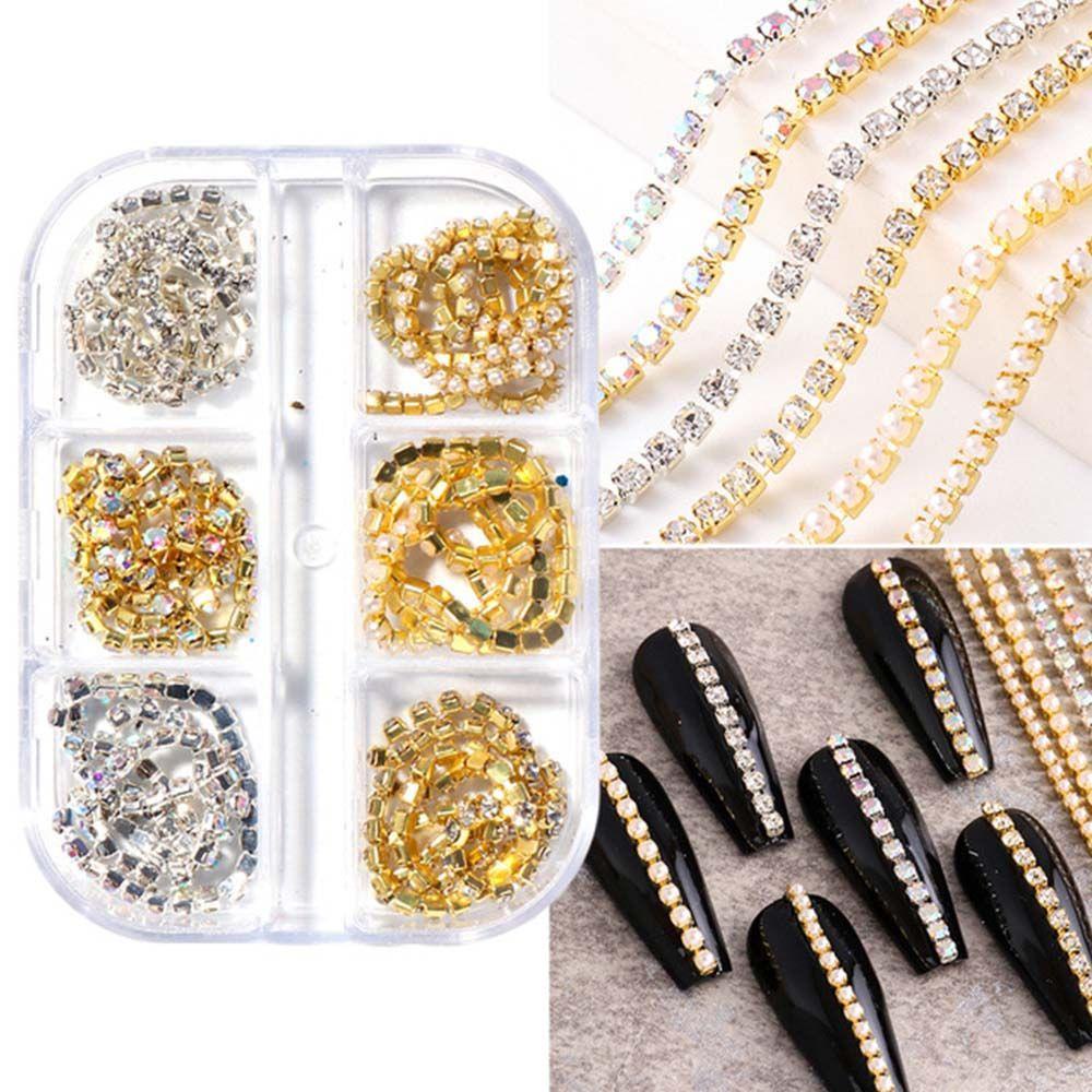 MXBEAUTY Rantai Logam Kuku Rhinestones Pesona 6kisi /set Emas Hiasan Kuku 3D Aksesoris Kuku Manicure Pearl Chain Nail Jewelry