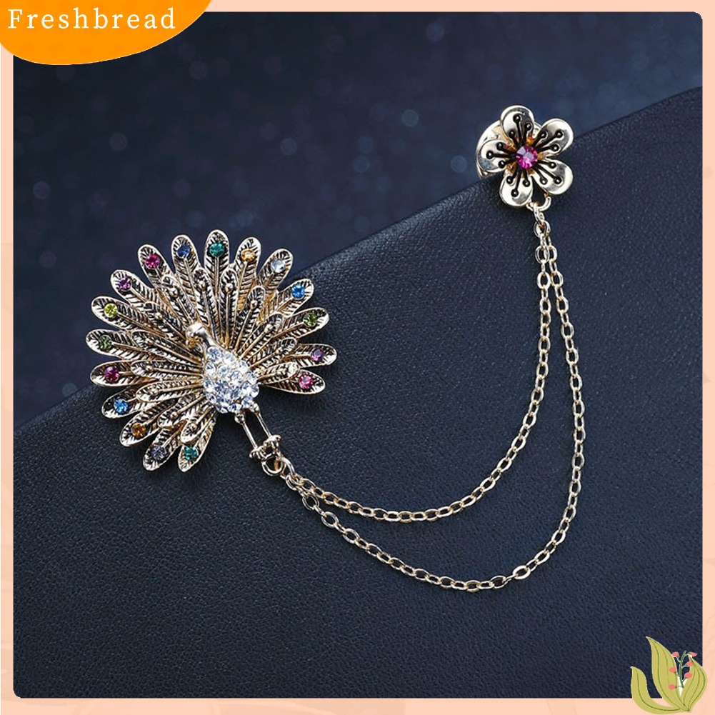 [ TERLARIS]Women Cubic Zirconia Inlaid Peacock Flower Double Chain Tassel Brooch Pin Gift