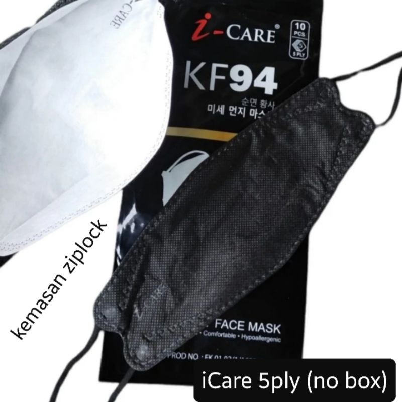 Masker KF94 iCare ( HITAM )3D 5ply NoseClipDesign, 10pcs/ziplock