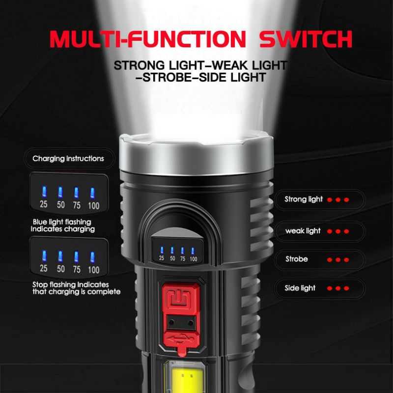 Senter LED Super Terang Rechargeable + COB 4 Mode Senter Led Jarak Jauh + COB Emergency Indikator