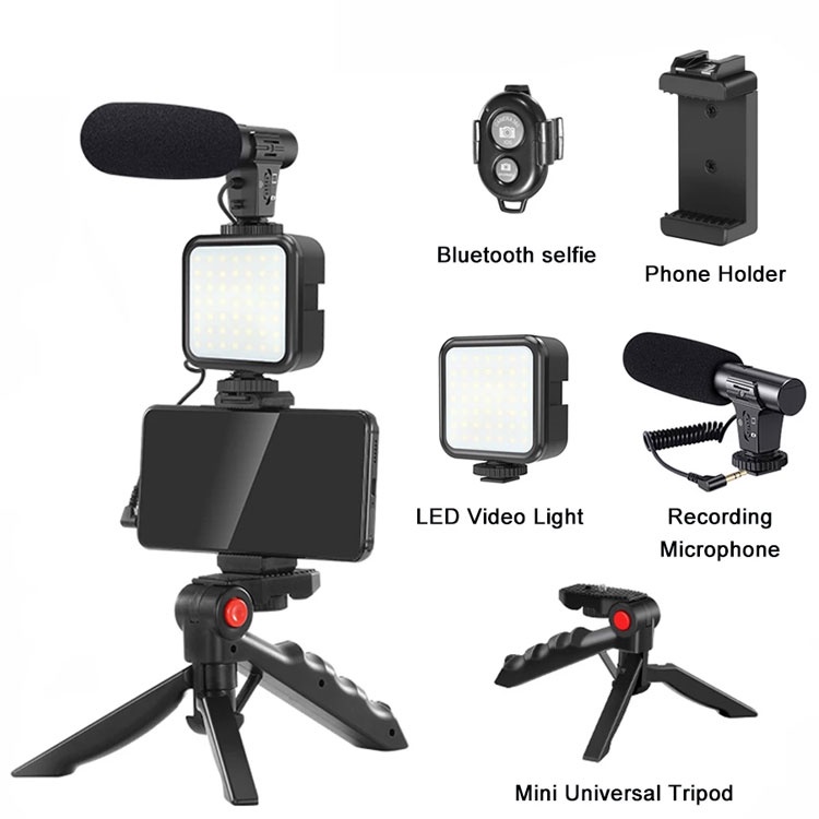 Paket Tripod Vlog 5in1 Paket Youtuber - Vlogging Kit Selfie Video with Holder LED Microhpone Remote Shutter