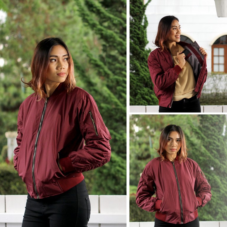 Jaket Bomber Polos Wanita Maroon Furing Dakron