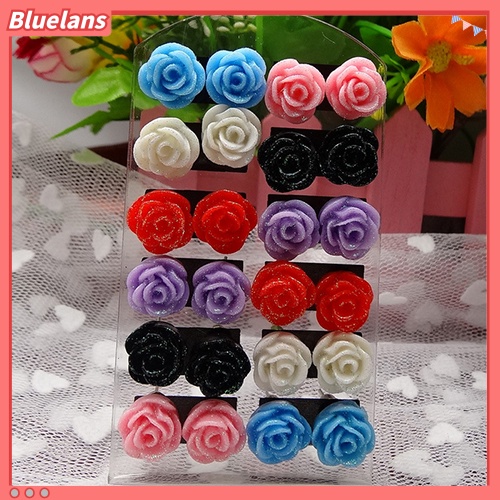 Bluelans 12 Pairs Women Fashion Rose Flower Mixed Color Flower Ear Stud Earring