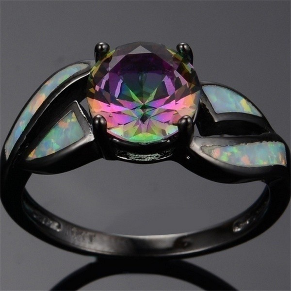 SeuSuk 10KT Black Gold Filled Topaz Stone Trendy White Fire Opal Ring For Women