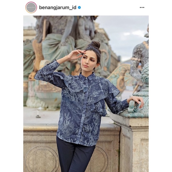 El Mar Minorca Shirt With Ruffle Navy Benang Jarum X Mmehuillet Kiki Huillet Buttonscarves