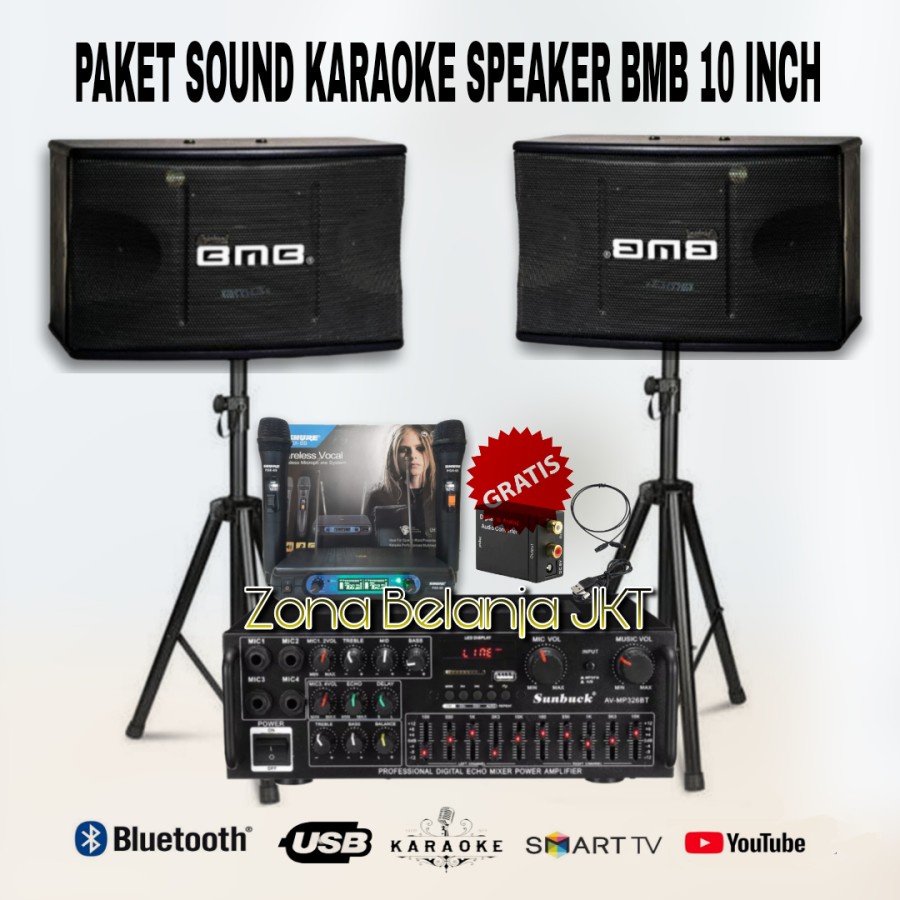 PAKET KARAOKE SOUND SYSTEM BMB SPEAKER 10 INCH AMPLI USB BLUETOOTH MIC WIRELESS ORIGINAL ( BW-1 )