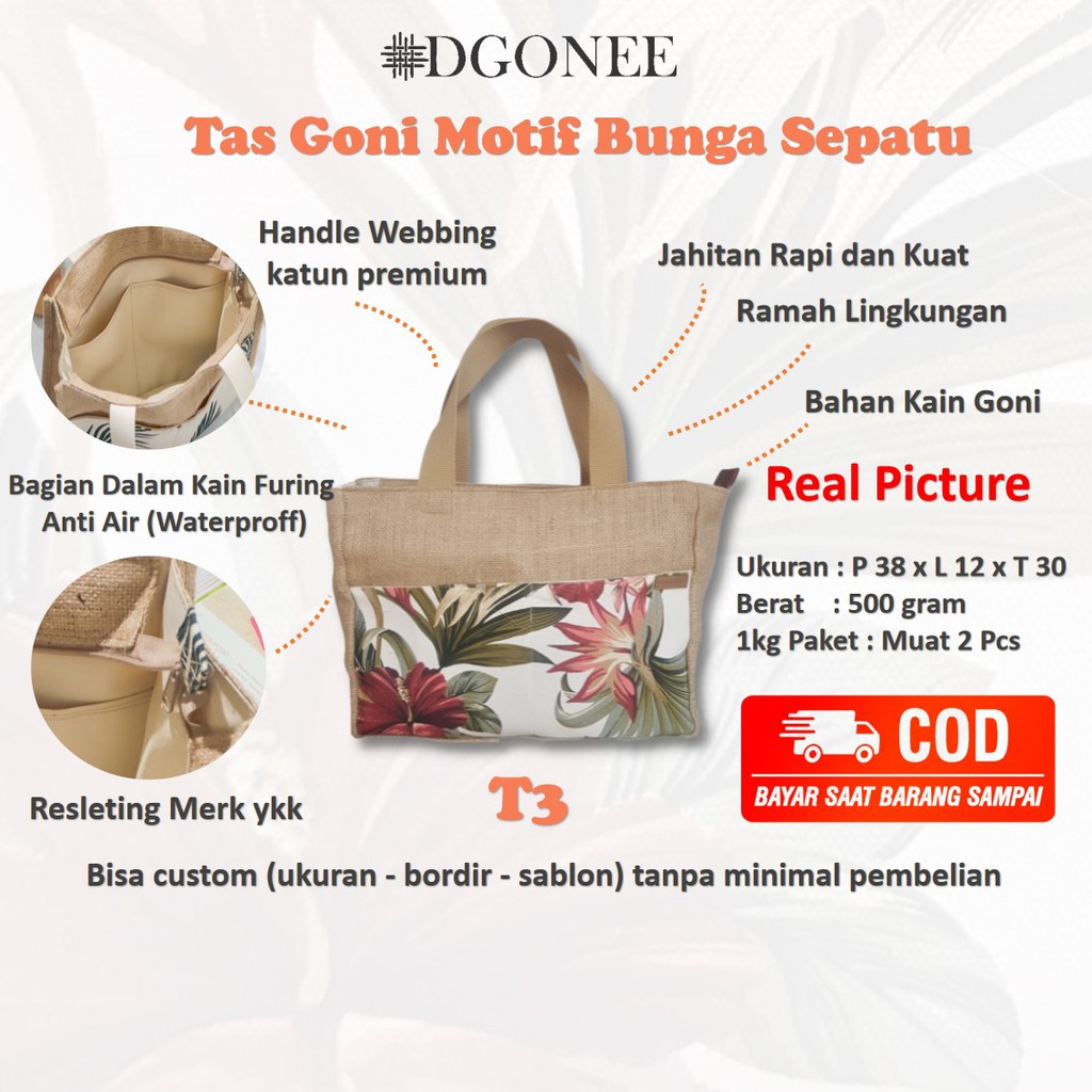 Dgonee T3 Motif Bunga Sepatu Tas  Totebag Kain Goni Belanja Kerja Kuliah Wanita Cewek Custom | T305