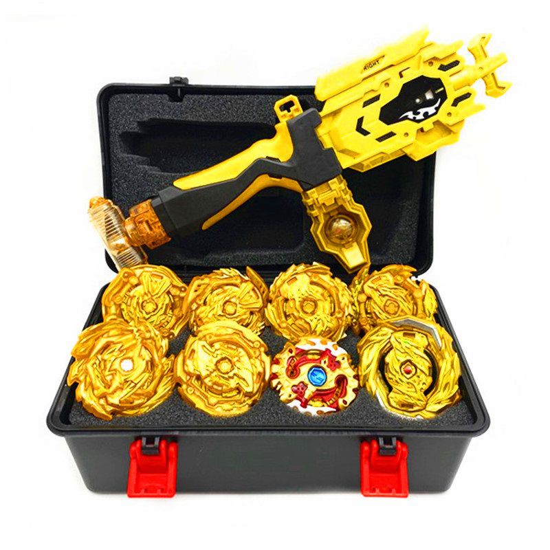 8pcs Golden Beyblade Set Gyro Burst With Launcher Portable Storage Box Kids Gift