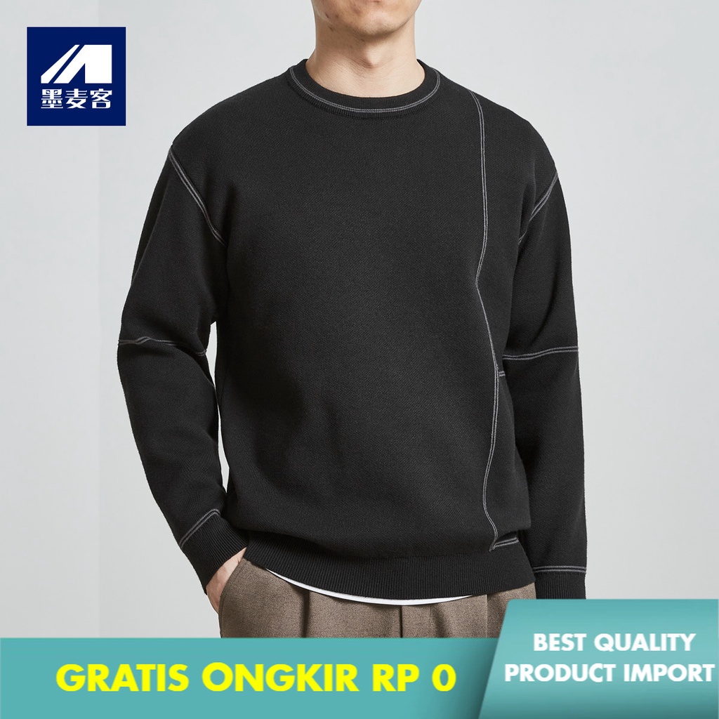 Sweater Pria Kaos Lengan Panjang   Kontras Garis Warna Jacquard Pria Rajut    Leher Bulat  Rajut Pri