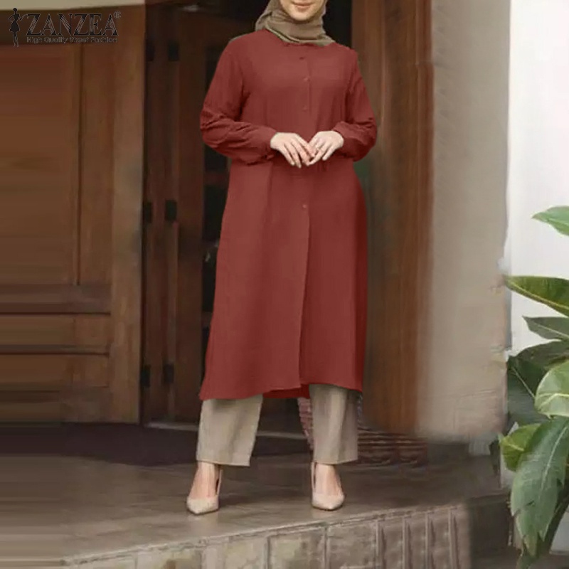 ZANZEA Women Long Sleeve Lapel Button Up Solid Muslim Loose Blouse