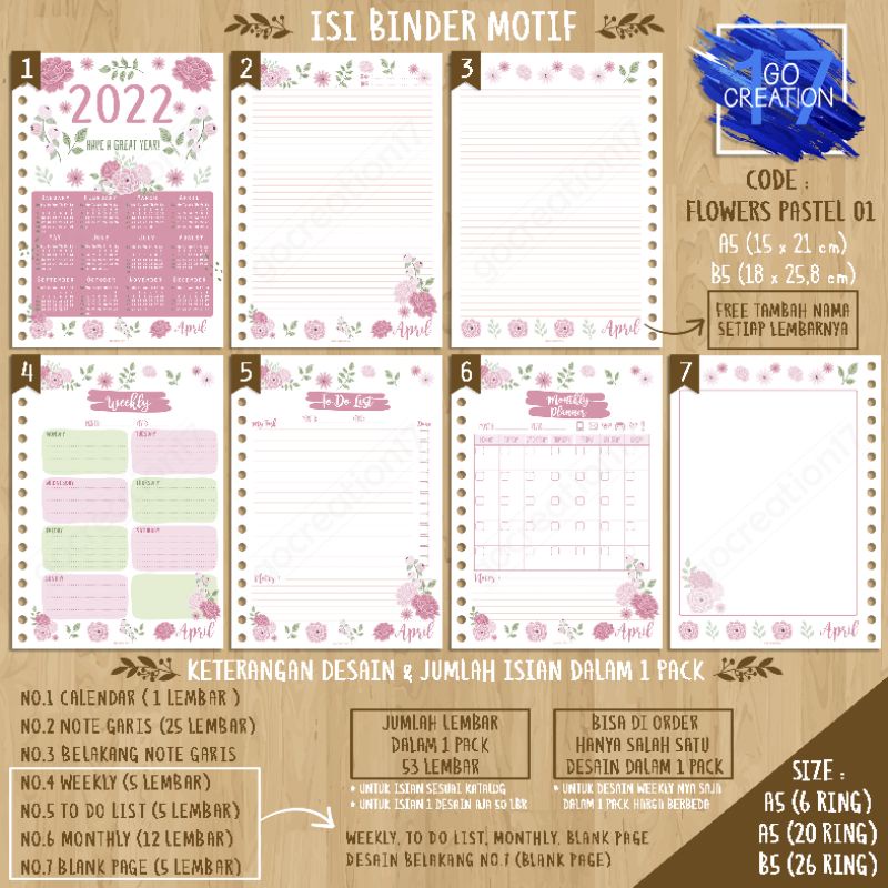 

Buku Planner isi Kertas Binder Motif Flowers Pastel 01 Premium A5 ring 20 dan A5 ring 6