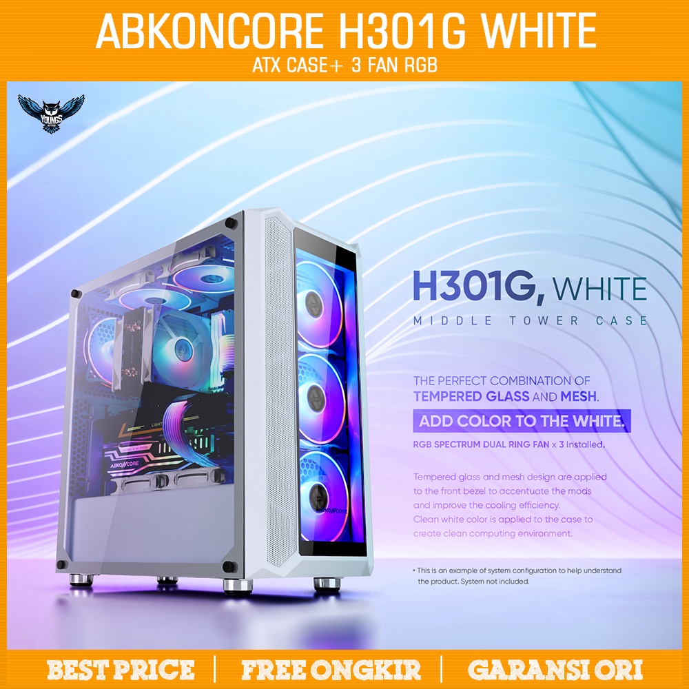 Case Abkoncore Helios H301G White (3 Fan RGB, ATX, Temper) Casing Abko