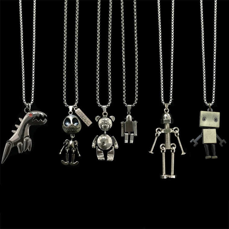 19026Hip hop cartoon cute bear dinosaur robot necklace，Vintage movable pendant