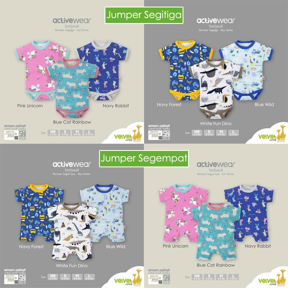 Jumper Bayi Premium VELVET Active Wear NB S M L Bodysuit Pendek Romper Segitiga Segiempat New Born