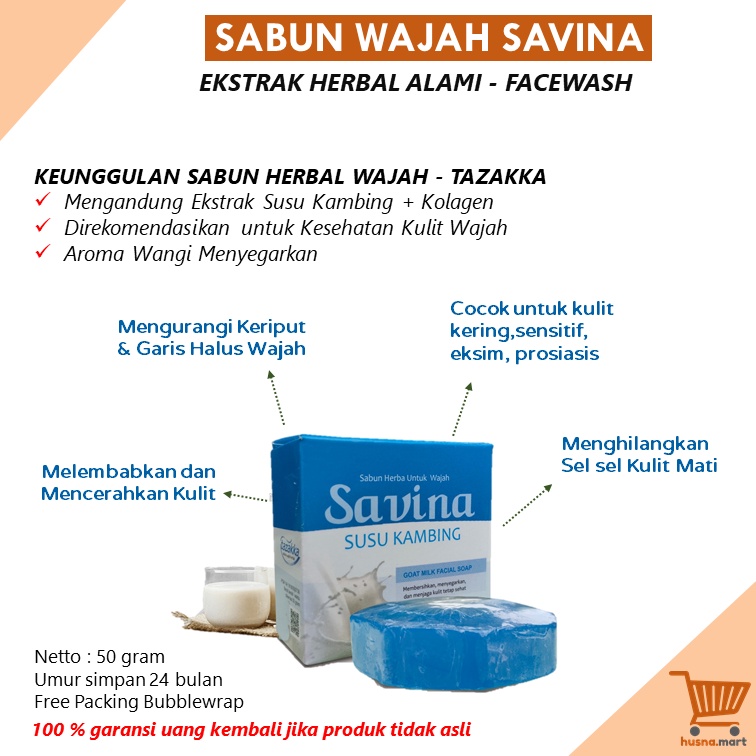 Savina Sabun Wajah Susu Kambing Plus Kolagen Pemutih Muka Kulit Herbal Tazakka 50 gr Facial Wash Original