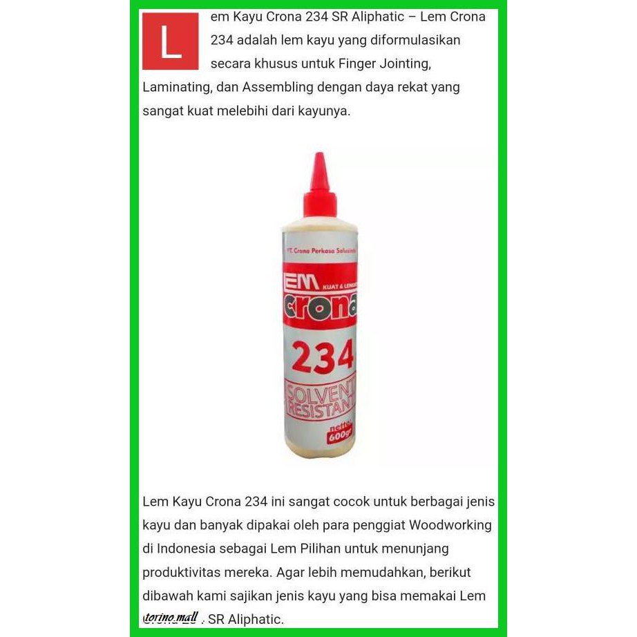

TAKEREP- LEM CRONA 234 SR LEM KAYU *BEST SELLER ALIPHATIC WOOD GLUE (600 GR) -TNALAES-EPAT.