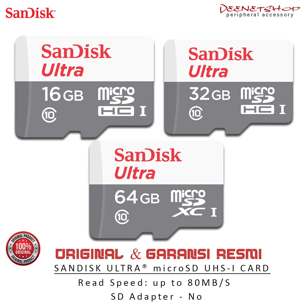 Jual SANDISK ULTRA MICROSD 16GB / 32GB / 64GB 80mbps - UHS-1 Class 10