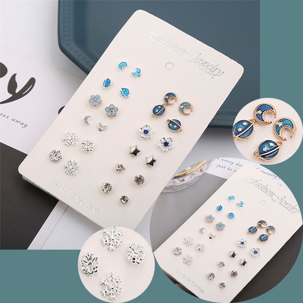 【COD Tangding】12 Pairs of New Fashion Earrings Set with Diamond Moon Earth and Stars Earstuds Jewelry Accessories