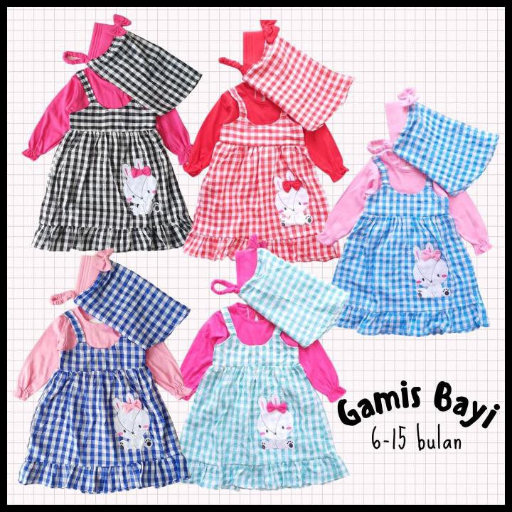 Baju Muslim Anak Bayi Perempuan Gamis Kelinci Kotak Katun